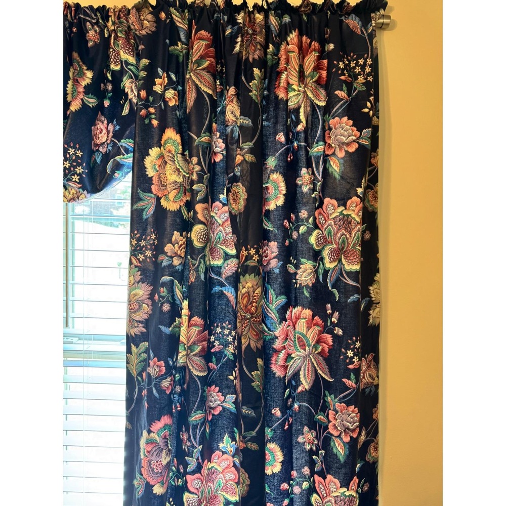 Vintage Navy Blue Floral Chintz 9 Piece‎ Curtain & Balloon Valance Set Lined 80s - Picture 10 of 12